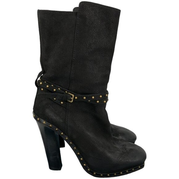 Miu Miu Black Leather Heeled Booties w Gold Studs and Studded Belt Detail size 8 - Picture 1 of 12